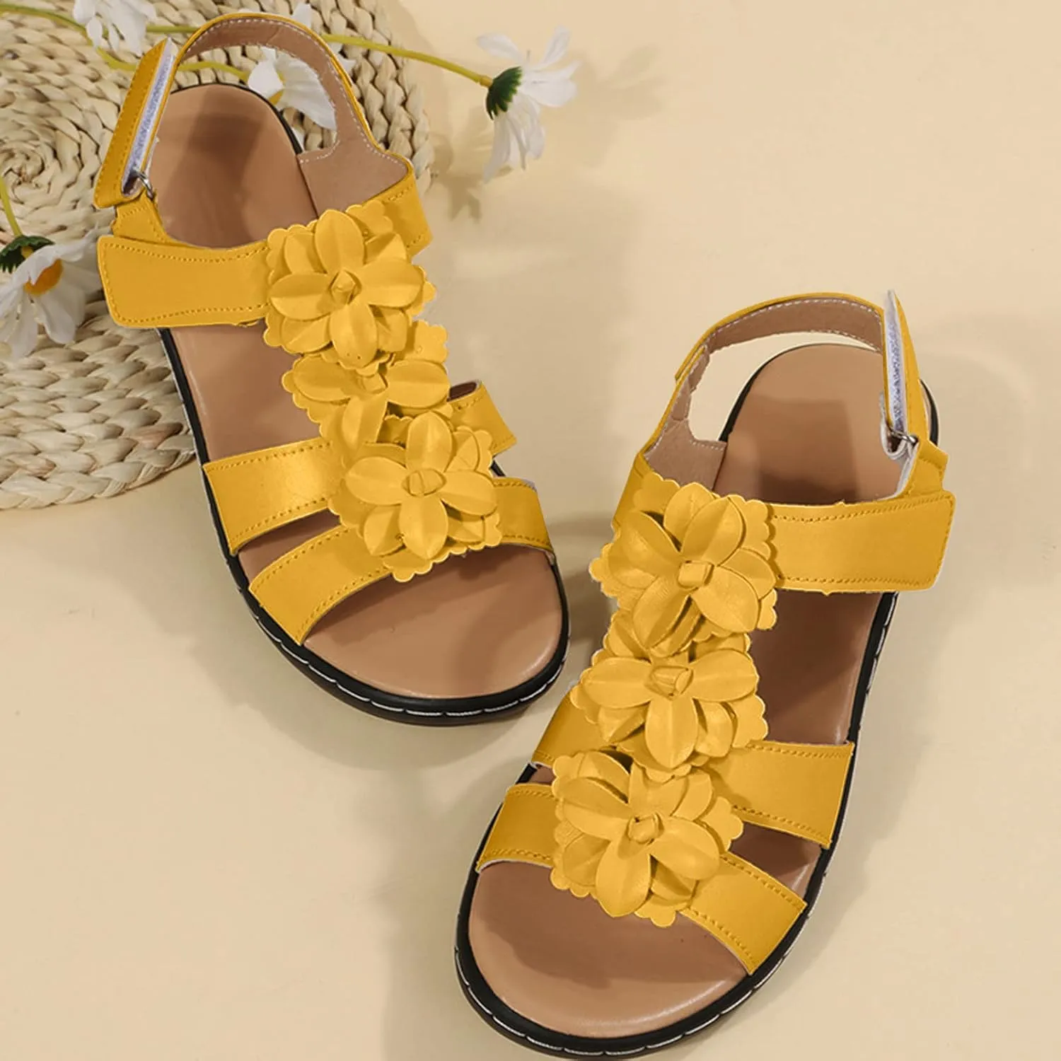 Womens Sandals Ankle Strap Summer Beach Sandals Comfort Walking Shoes Bohemian Flowers Dressy Casual Flats Footwear