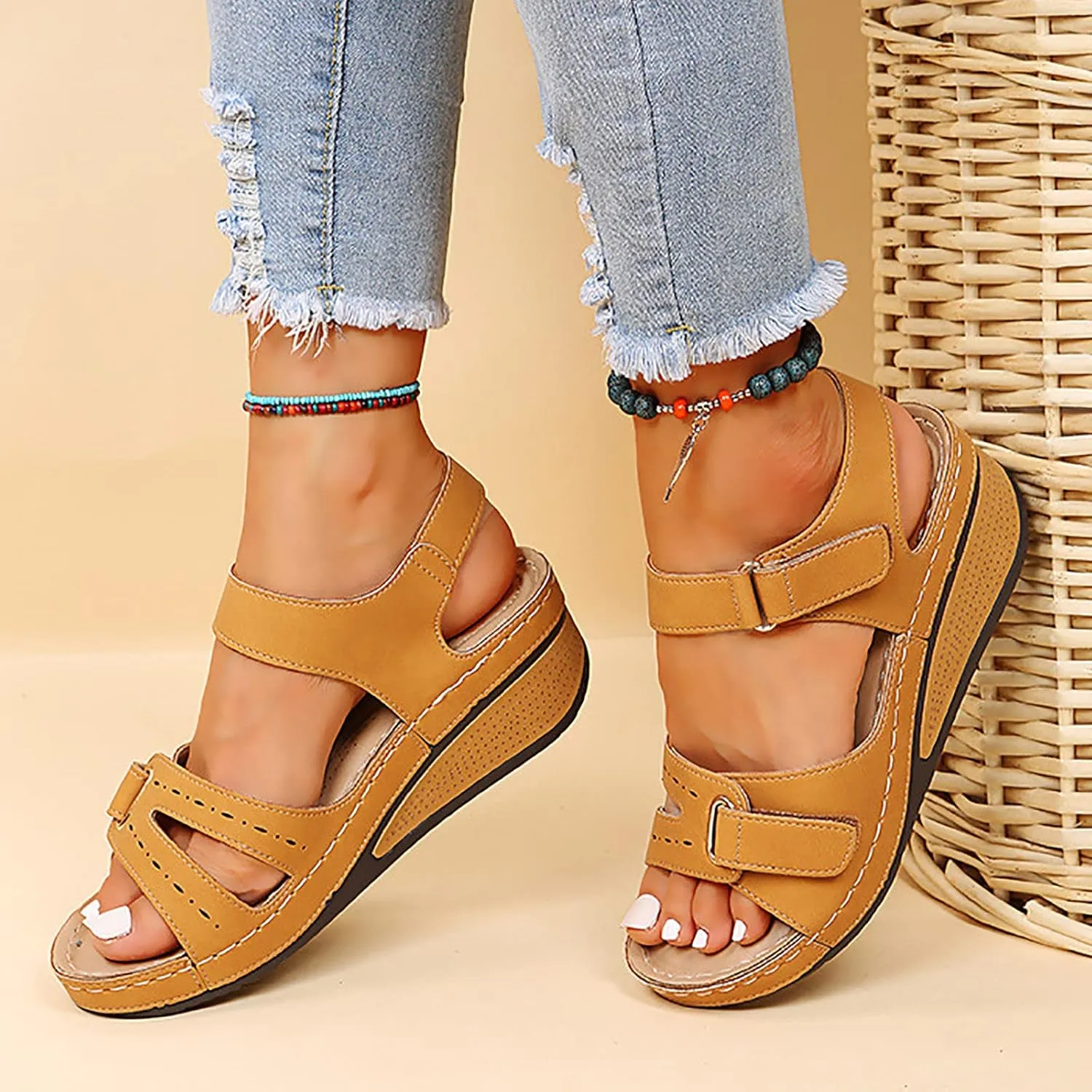 Women's Sandals Summer Casual Platform Wedge Open Toe Sandals Orthotic Arch Support Hook and Loop Sandals