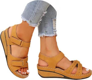 Women's Sandals Summer Casual Platform Wedge Open Toe Sandals Orthotic Arch Support Hook and Loop Sandals