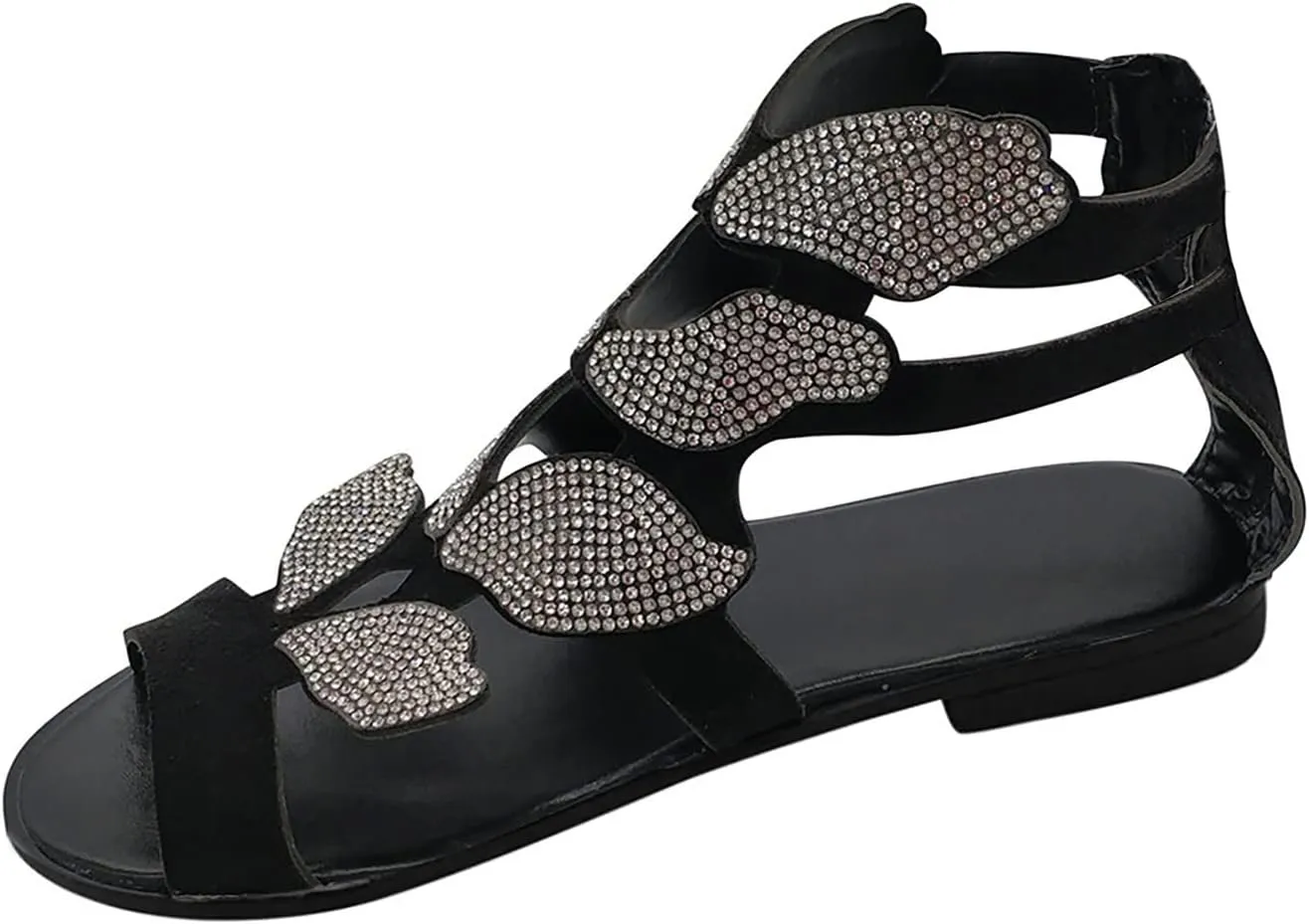 Women's Sandals Summer Crystal Women's Rhinestone Heel Fashion Ladies Casual Toe Low Open Shoes Sandals