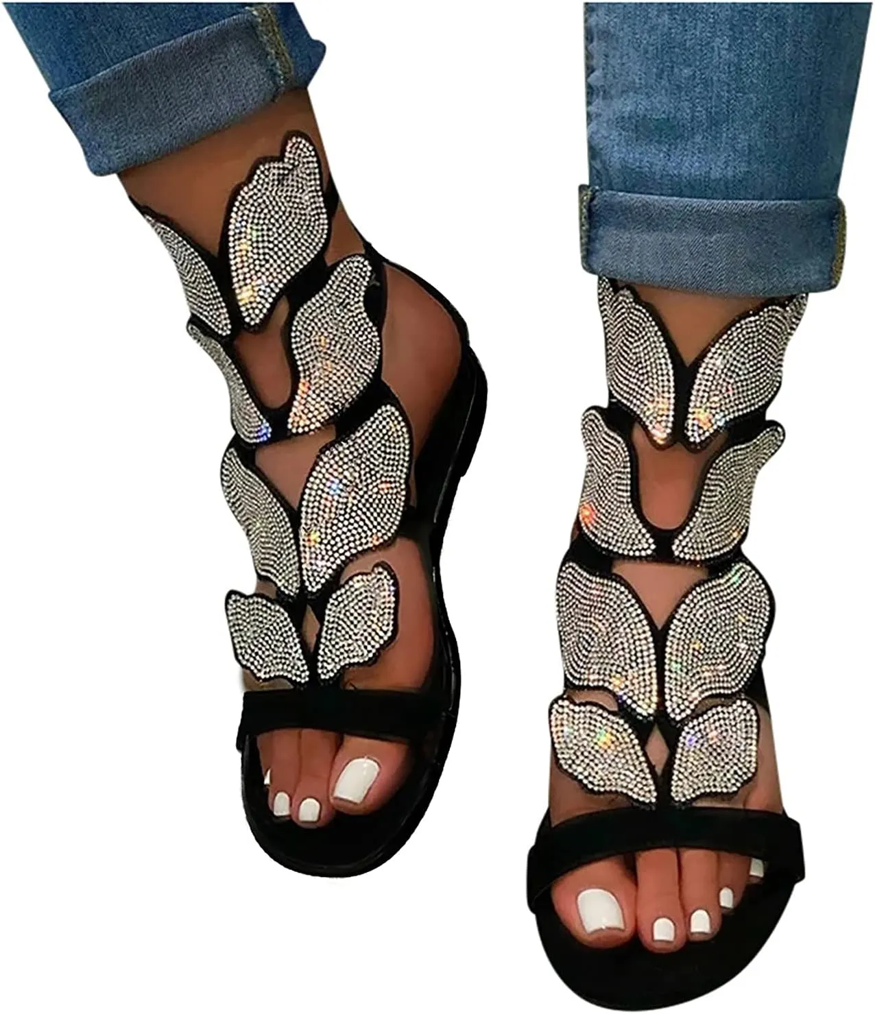 Women's Sandals Summer Crystal Women's Rhinestone Heel Fashion Ladies Casual Toe Low Open Shoes Sandals