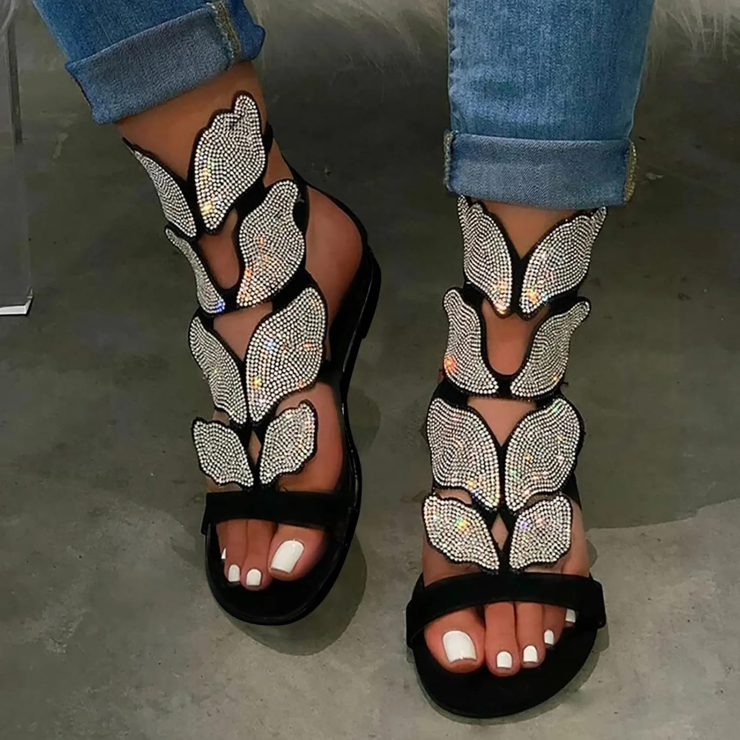 Women's Sandals Summer Crystal Women's Rhinestone Heel Fashion Ladies Casual Toe Low Open Shoes Sandals