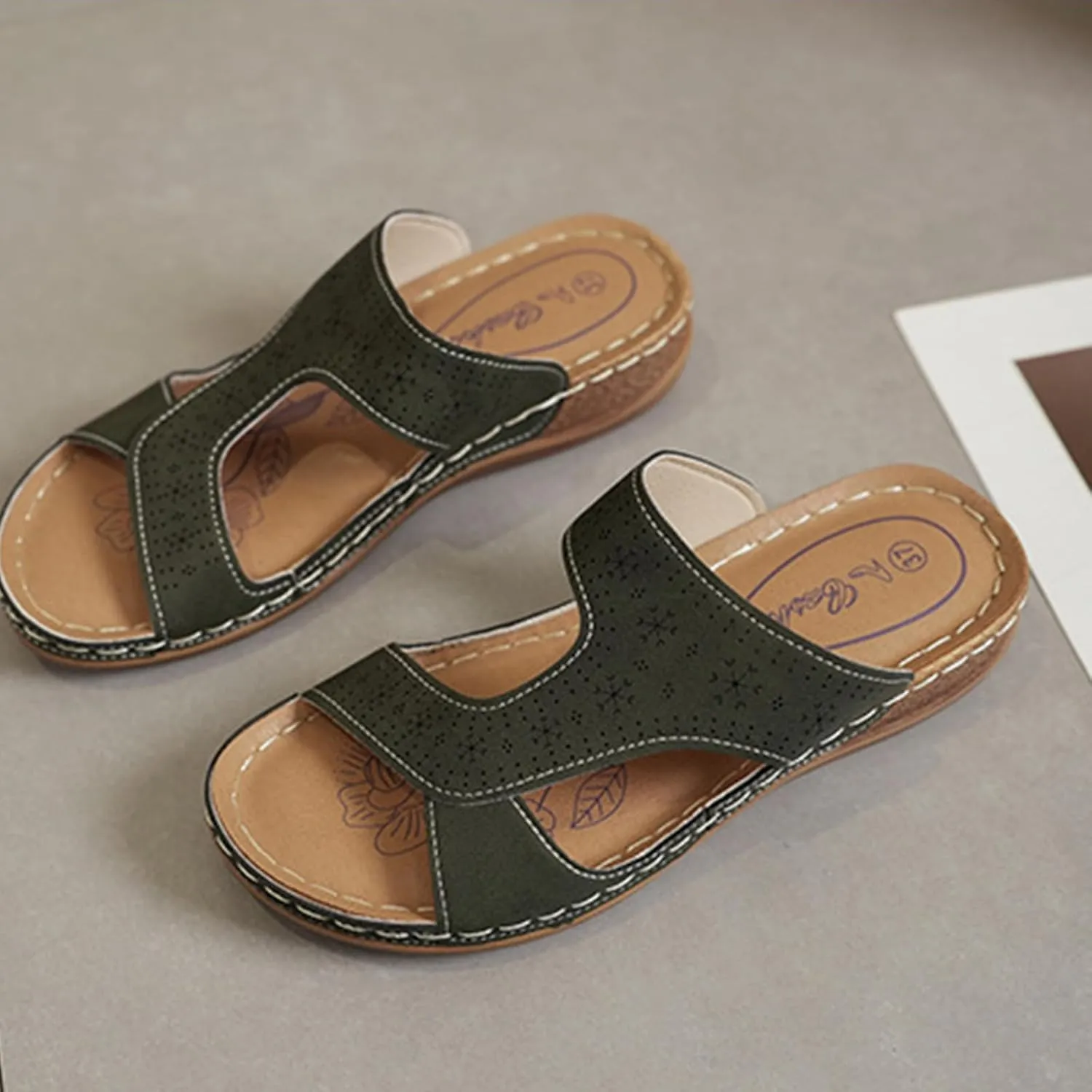 Women's Slide Sandals Comfortable Orthopedic Wedge Slip On Sandals Thick Cushion Yoga Mat Slippers Open Toe Soft Faux Leather Beach Shower Shoes for Walking Vacation Concise Casual Summer Shoes