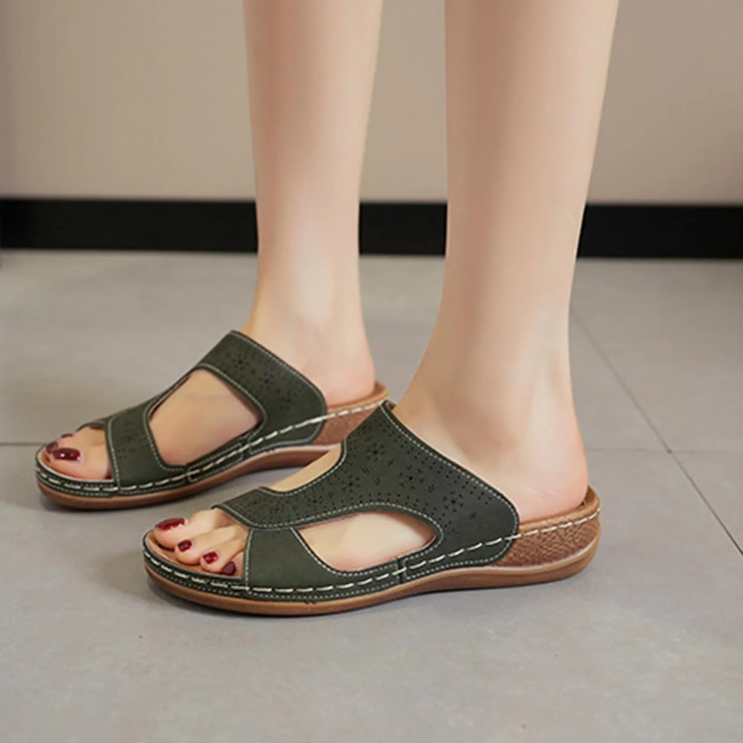 Women's Slide Sandals Comfortable Orthopedic Wedge Slip On Sandals Thick Cushion Yoga Mat Slippers Open Toe Soft Faux Leather Beach Shower Shoes for Walking Vacation Concise Casual Summer Shoes