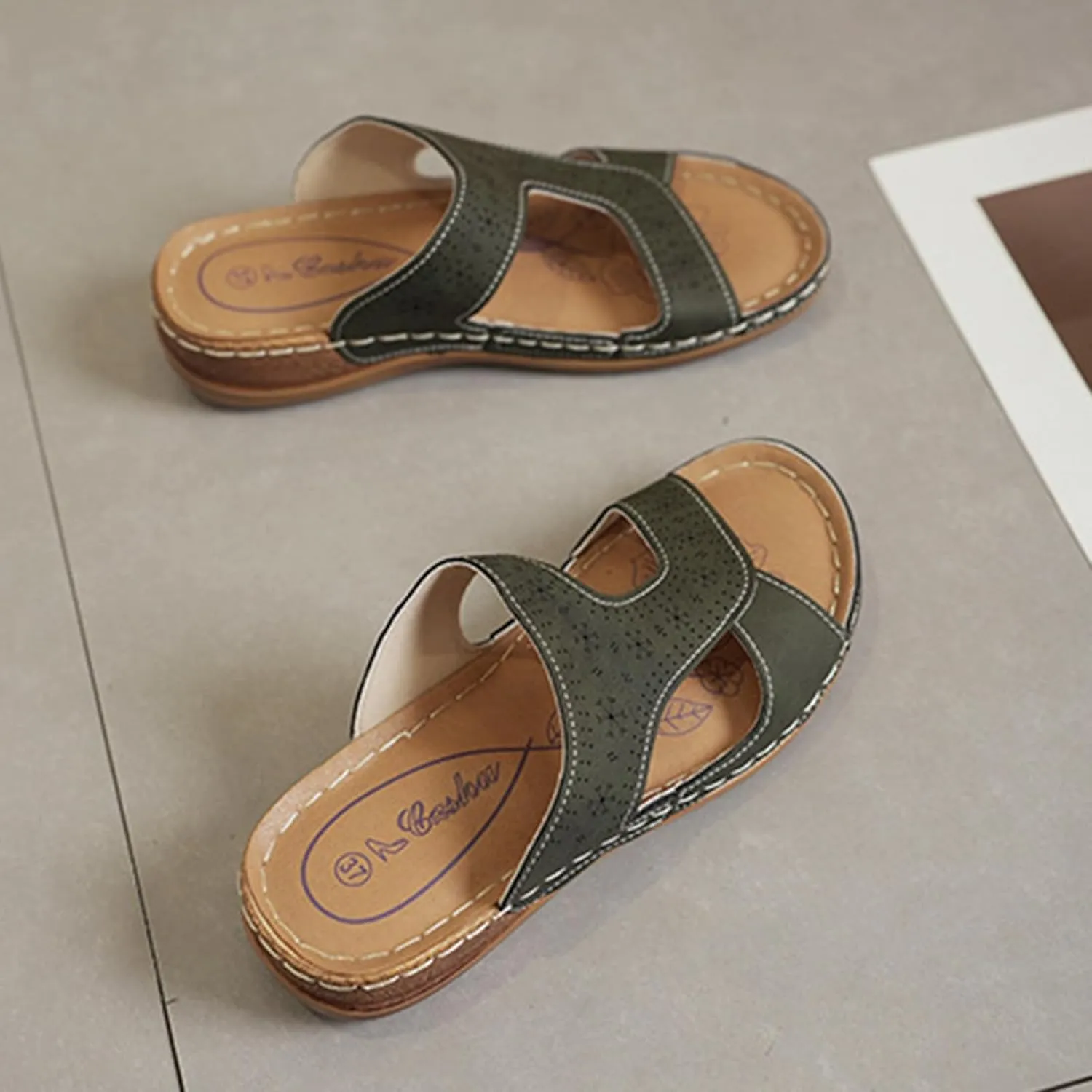 Women's Slide Sandals Comfortable Orthopedic Wedge Slip On Sandals Thick Cushion Yoga Mat Slippers Open Toe Soft Faux Leather Beach Shower Shoes for Walking Vacation Concise Casual Summer Shoes