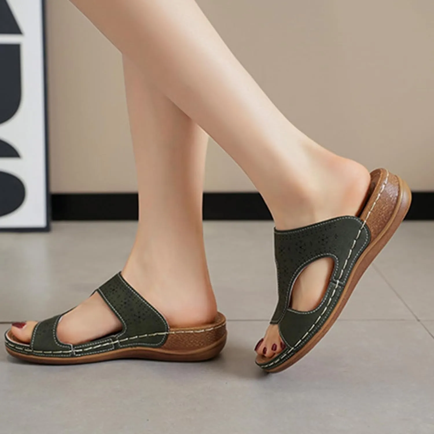 Women's Slide Sandals Comfortable Orthopedic Wedge Slip On Sandals Thick Cushion Yoga Mat Slippers Open Toe Soft Faux Leather Beach Shower Shoes for Walking Vacation Concise Casual Summer Shoes