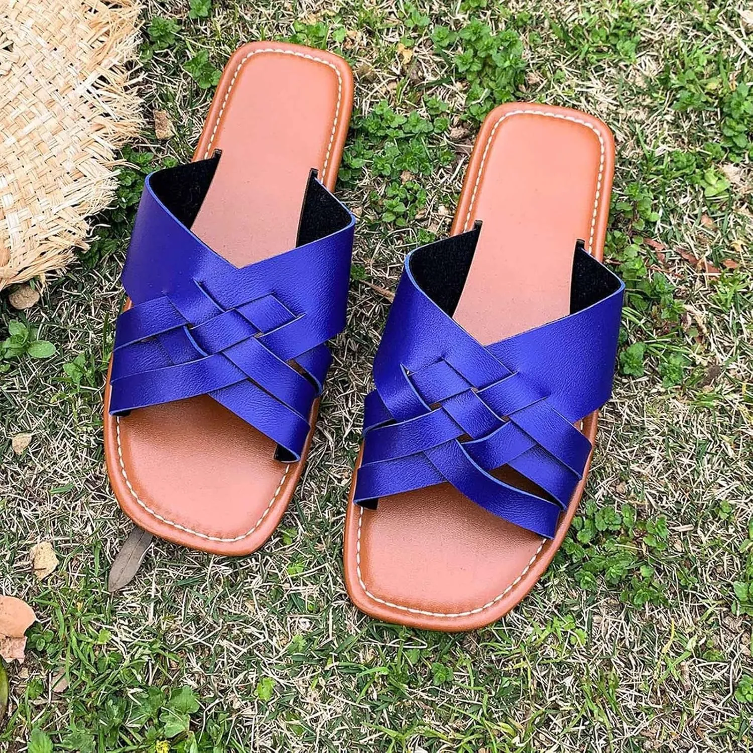 Women's Square Open Toe Slide Sandals Cute Slip on Flat Sandal Braided Strap Dressy Flat Slippers Shoes for Summer