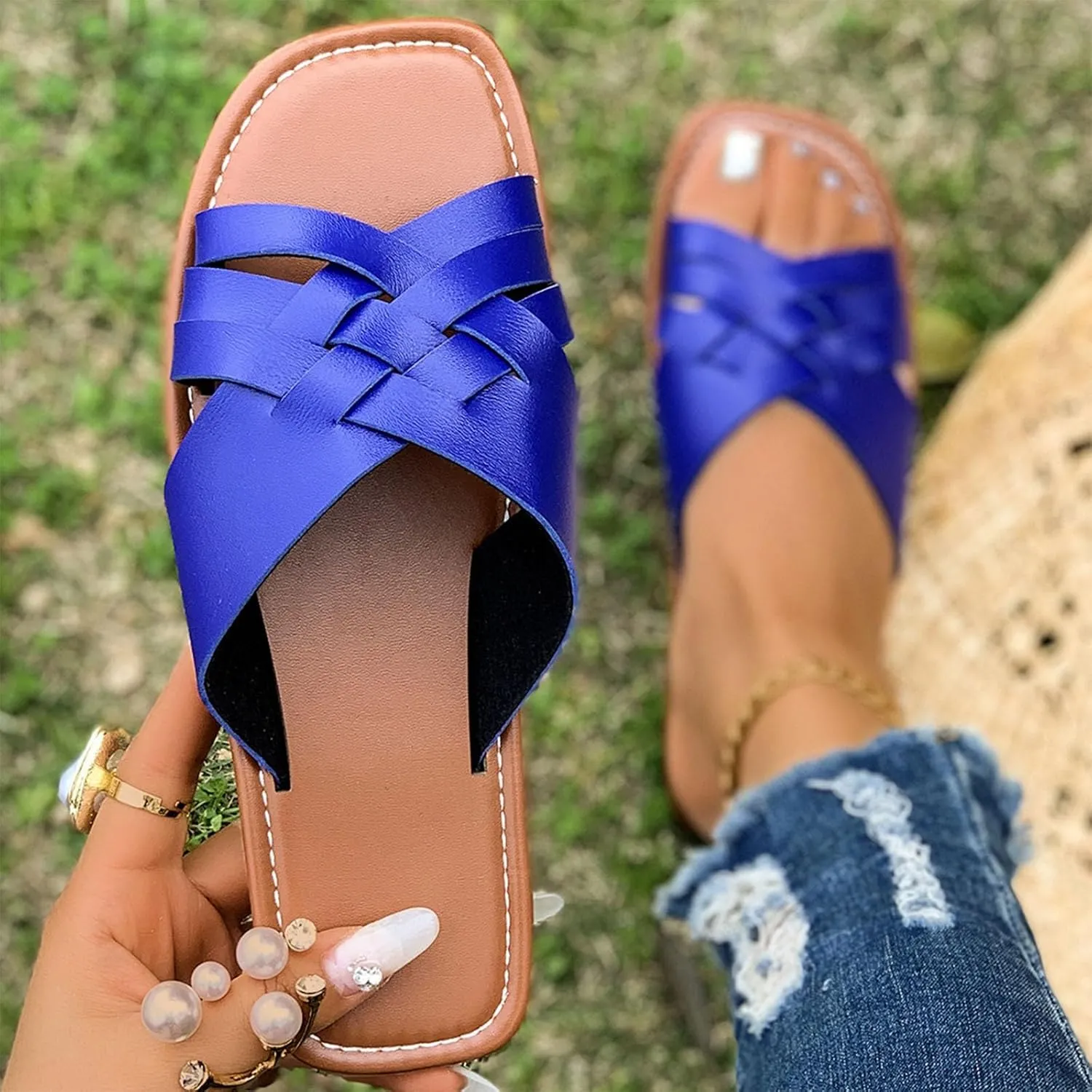 Women's Square Open Toe Slide Sandals Cute Slip on Flat Sandal Braided Strap Dressy Flat Slippers Shoes for Summer