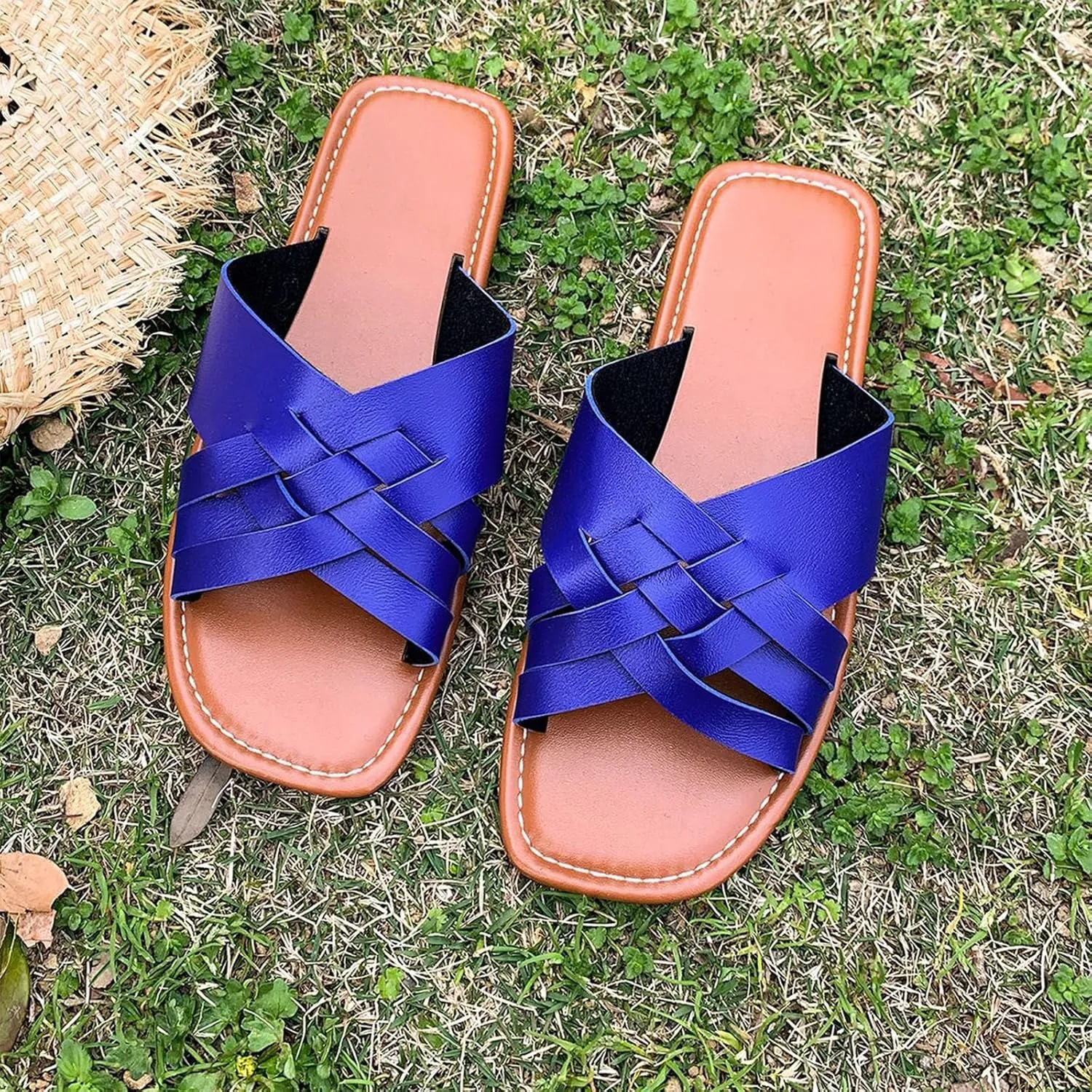 Women's Square Open Toe Slide Sandals Cute Slip on Flat Sandal Braided Strap Dressy Flat Slippers Shoes for Summer