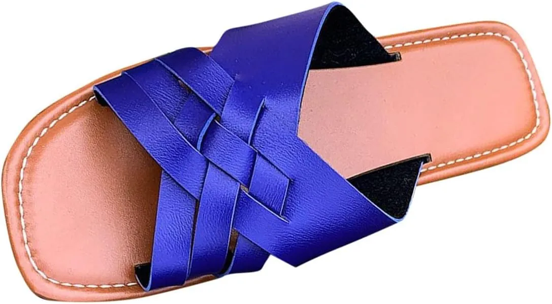 Women's Square Open Toe Slide Sandals Cute Slip on Flat Sandal Braided Strap Dressy Flat Slippers Shoes for Summer