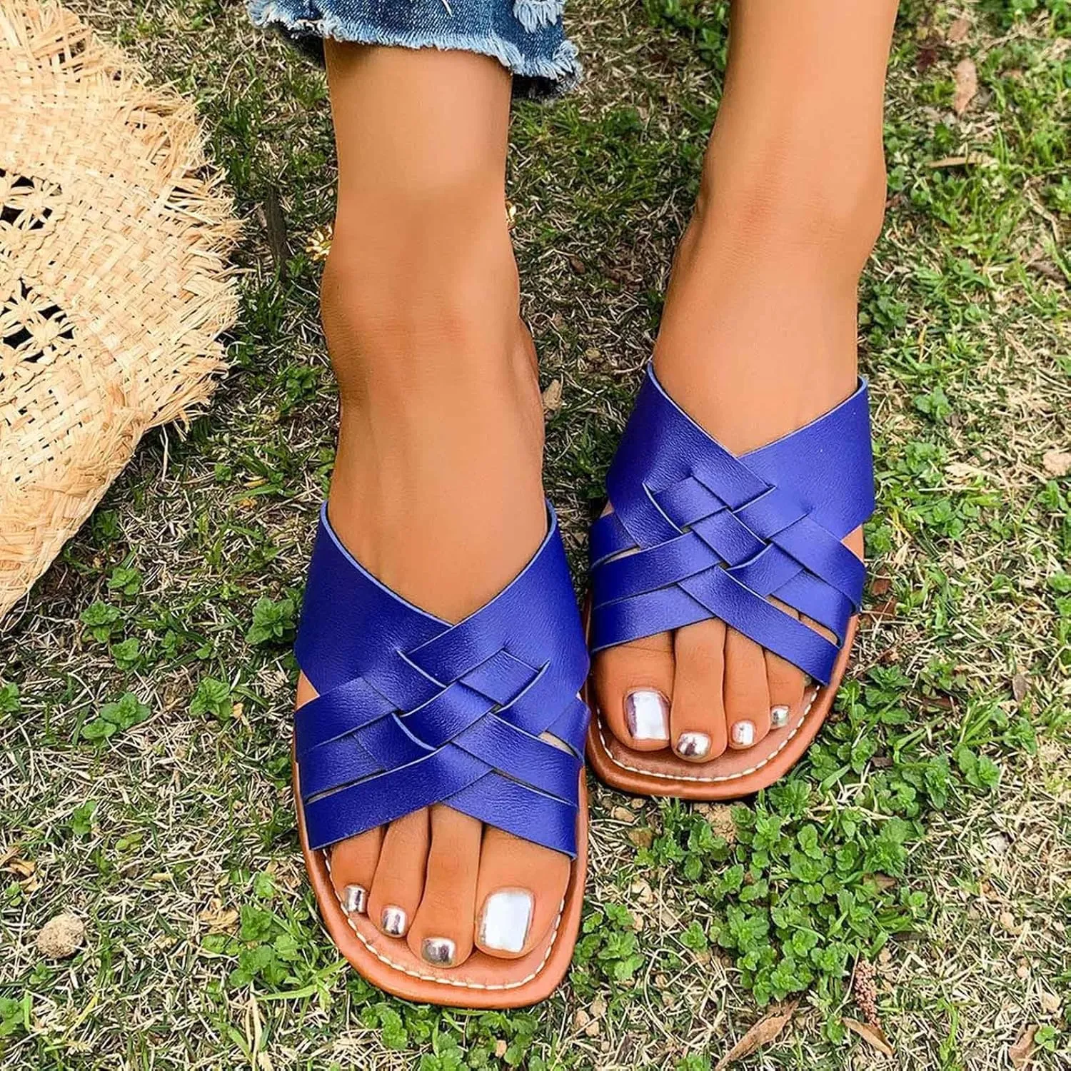 Women's Square Open Toe Slide Sandals Cute Slip on Flat Sandal Braided Strap Dressy Flat Slippers Shoes for Summer