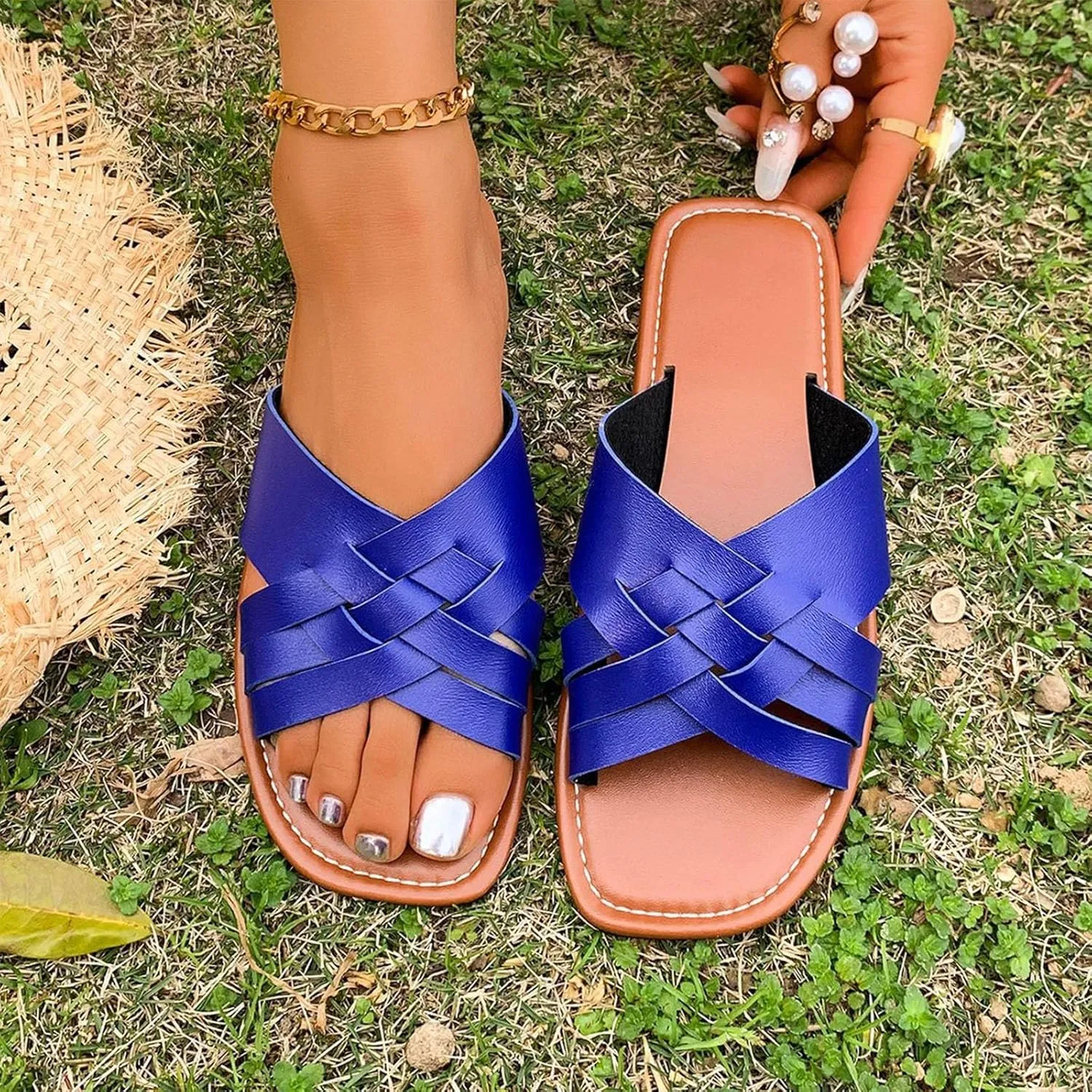 Women's Square Open Toe Slide Sandals Cute Slip on Flat Sandal Braided Strap Dressy Flat Slippers Shoes for Summer