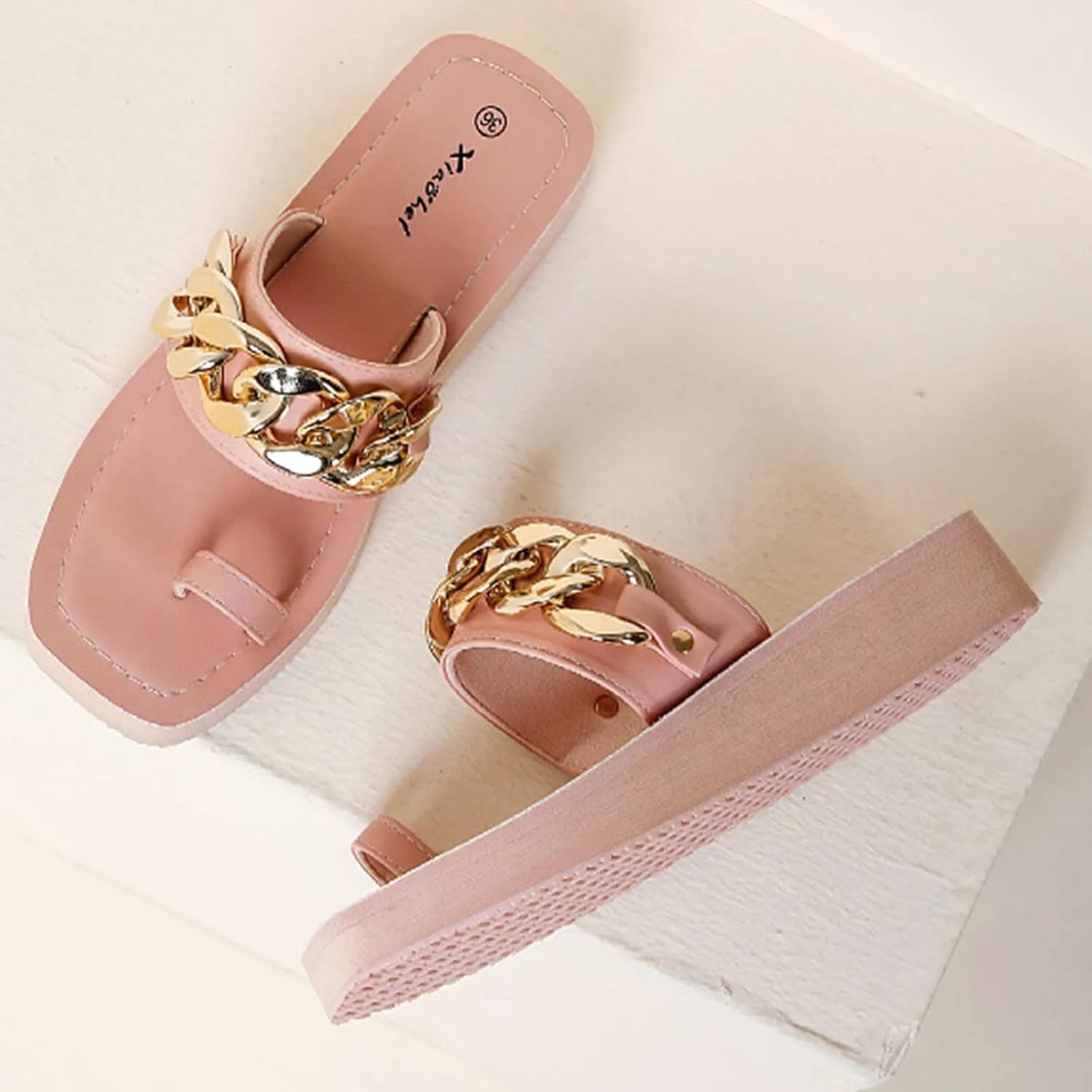 Women's Square Toe Flat Sandals Ring Clip-Toe Slip on Slides Beach Slippers Ladies Dressy Casual Flip Flops