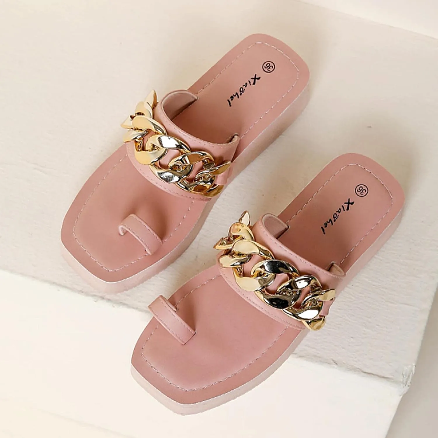 Women's Square Toe Flat Sandals Ring Clip-Toe Slip on Slides Beach Slippers Ladies Dressy Casual Flip Flops