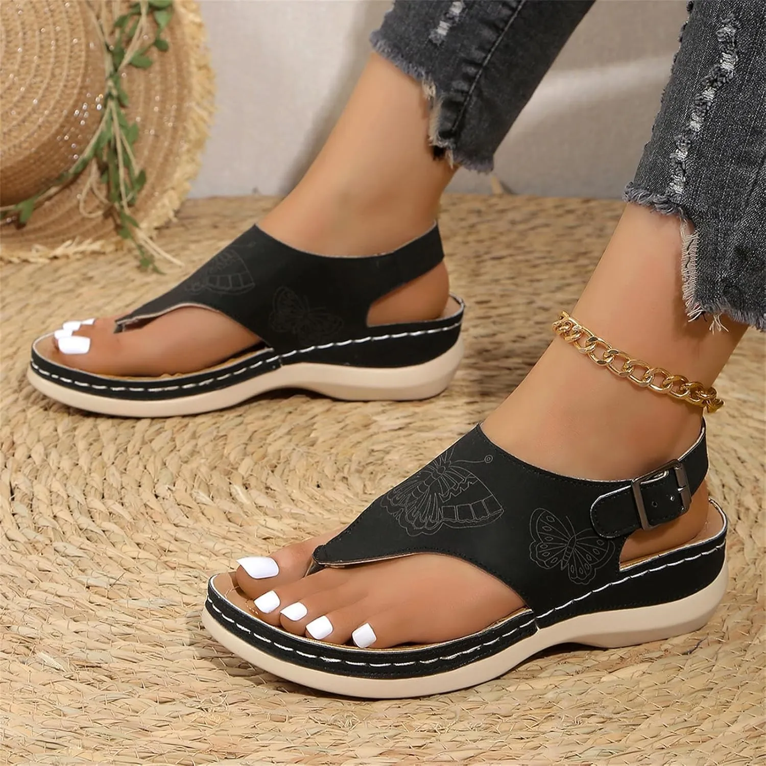 Womens Summer Sandals Arch Support Sandals Orthopedic Comfortable Non Slip Sandal Casual to Dressy T-Strap Thong Walking Flat Sandal
