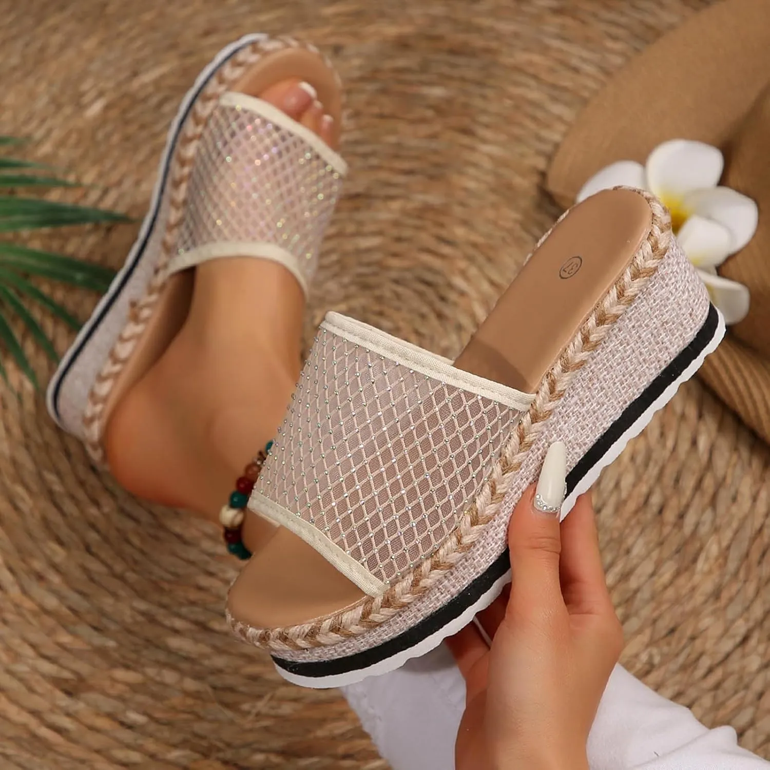 Womens Wedge Sandals Flower Low Heel Wedge Sandals Summer Comfortable Beach Casual Slip On Slide Shoes