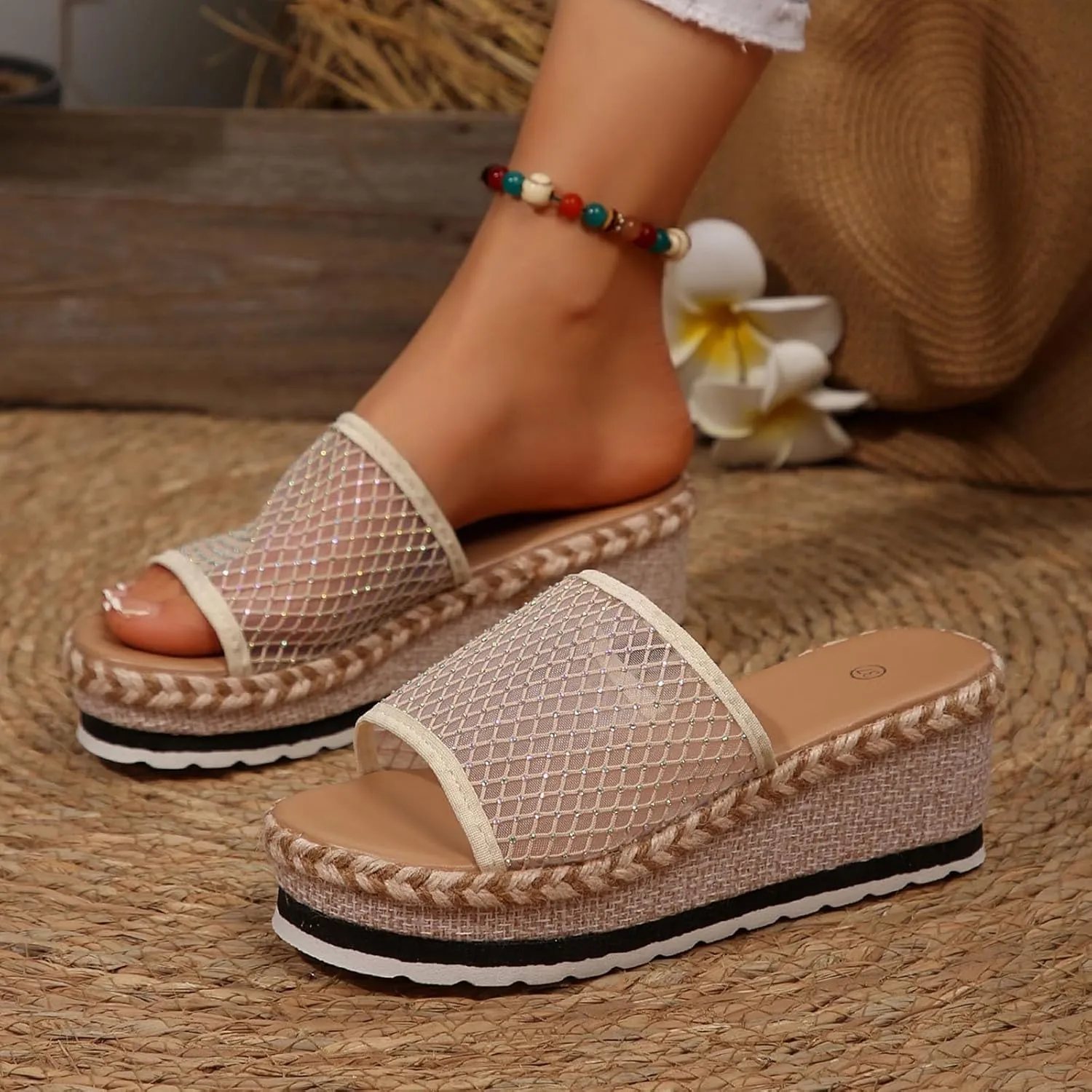 Womens Wedge Sandals Flower Low Heel Wedge Sandals Summer Comfortable Beach Casual Slip On Slide Shoes