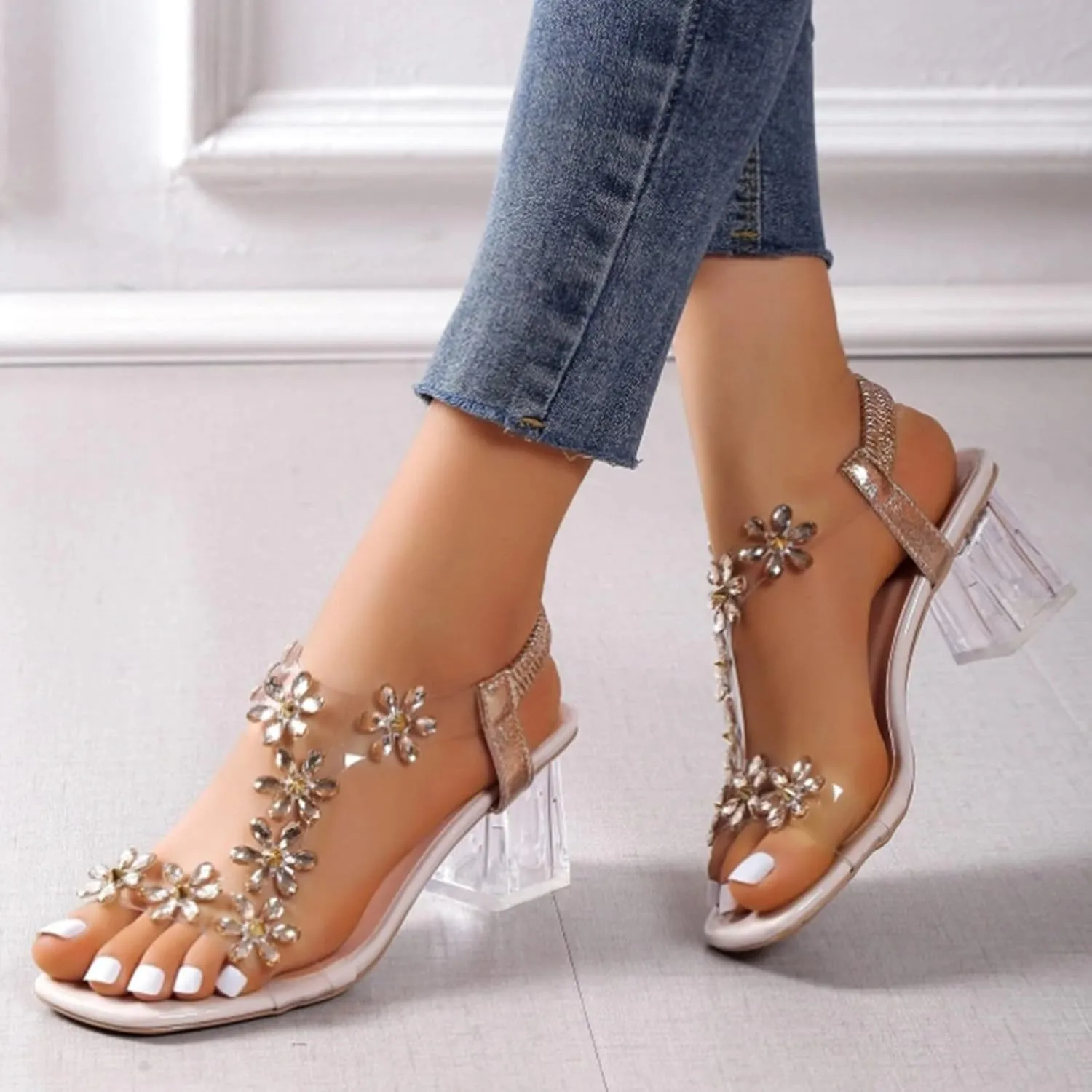 ZSpzx Block Heel Sandals for Women,Comfortable Clear Heeled Sandals Platform Sandal Slip On Flowers Elastic Strap Slippers Chunky High Sexy Block Heels Shoes Slides for Party, Wedding,and Vacation