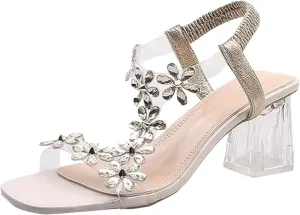 ZSpzx Block Heel Sandals for Women,Comfortable Clear Heeled Sandals Platform Sandal Slip On Flowers Elastic Strap Slippers Chunky High Sexy Block Heels Shoes Slides for Party, Wedding,and Vacation