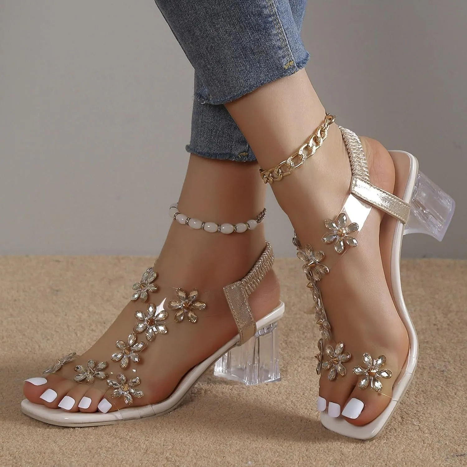 ZSpzx Block Heel Sandals for Women,Comfortable Clear Heeled Sandals Platform Sandal Slip On Flowers Elastic Strap Slippers Chunky High Sexy Block Heels Shoes Slides for Party, Wedding,and Vacation