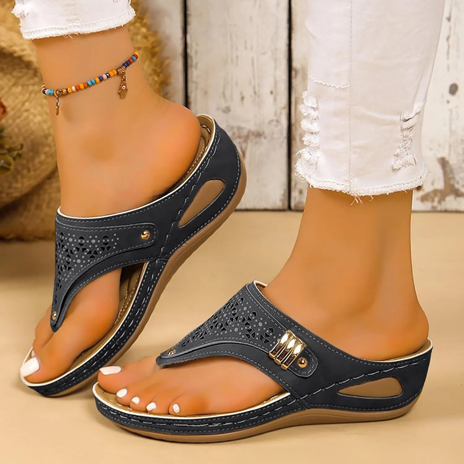 ZSpzx Orthopedic Sandals for Women,2025 Arch Support Wedge Flip Flops Slide Dressy Summer Comfortable Open Toe Womens Slip on Beach Boho Platform Outdoor Walking Shoes