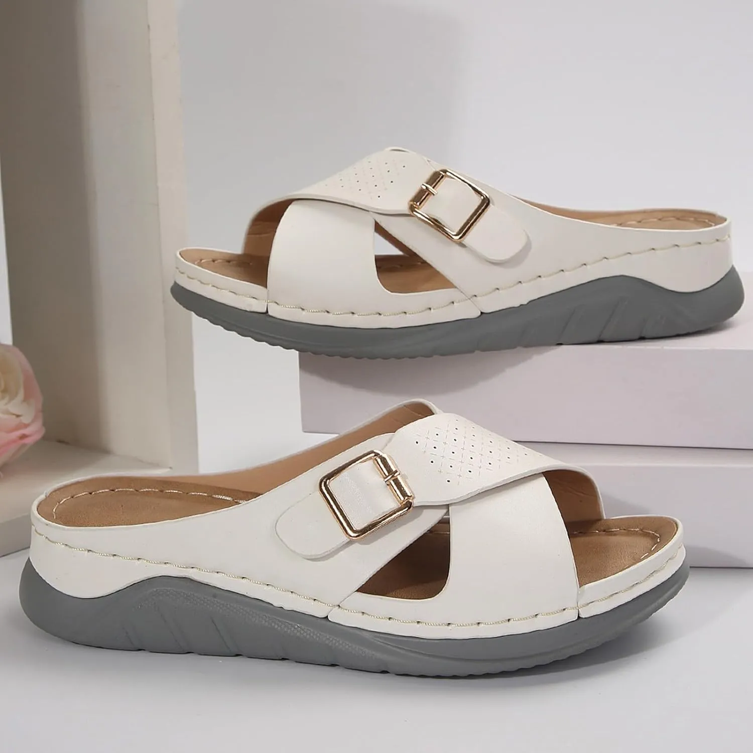 ZSpzx Orthopedic Sandals for Women,2025 Arch Support Wedge Flip Flops Slide Dressy Summer Open Toe Crisscross Straps Slip on Comfortable Slippers Metal Walking Beach Plantar Fasciitis Shoes