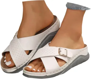 ZSpzx Orthopedic Sandals for Women,2025 Arch Support Wedge Flip Flops Slide Dressy Summer Open Toe Crisscross Straps Slip on Comfortable Slippers Metal Walking Beach Plantar Fasciitis Shoes