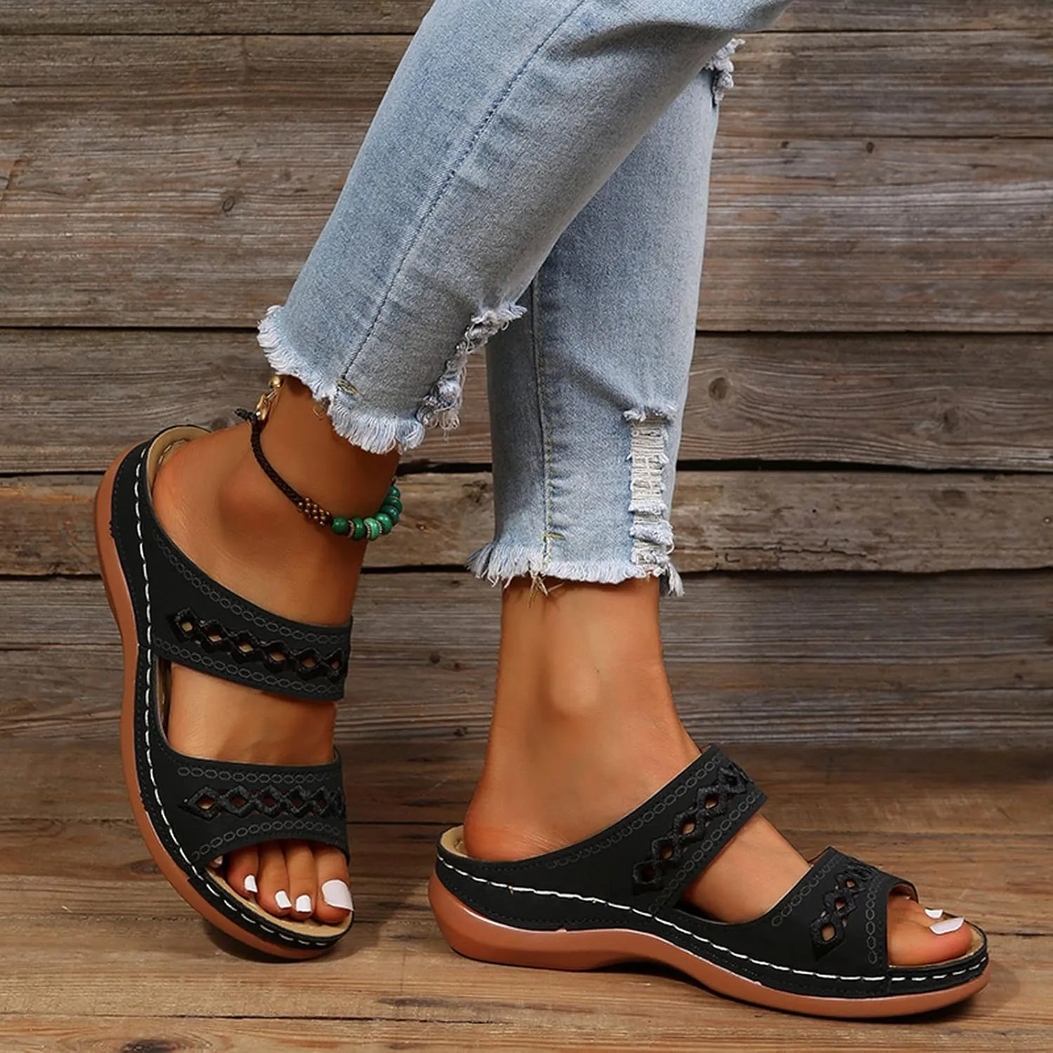 ZSpzx Orthopedic Sandals For Women,Women's Orthotic 2025 Dressy Summer Flat Open Toe Platform Sandals Hollow Out Comfortable Casual Boho Slip on Memory Foam Beach Slides Sandals Outdoor Walking Shoes