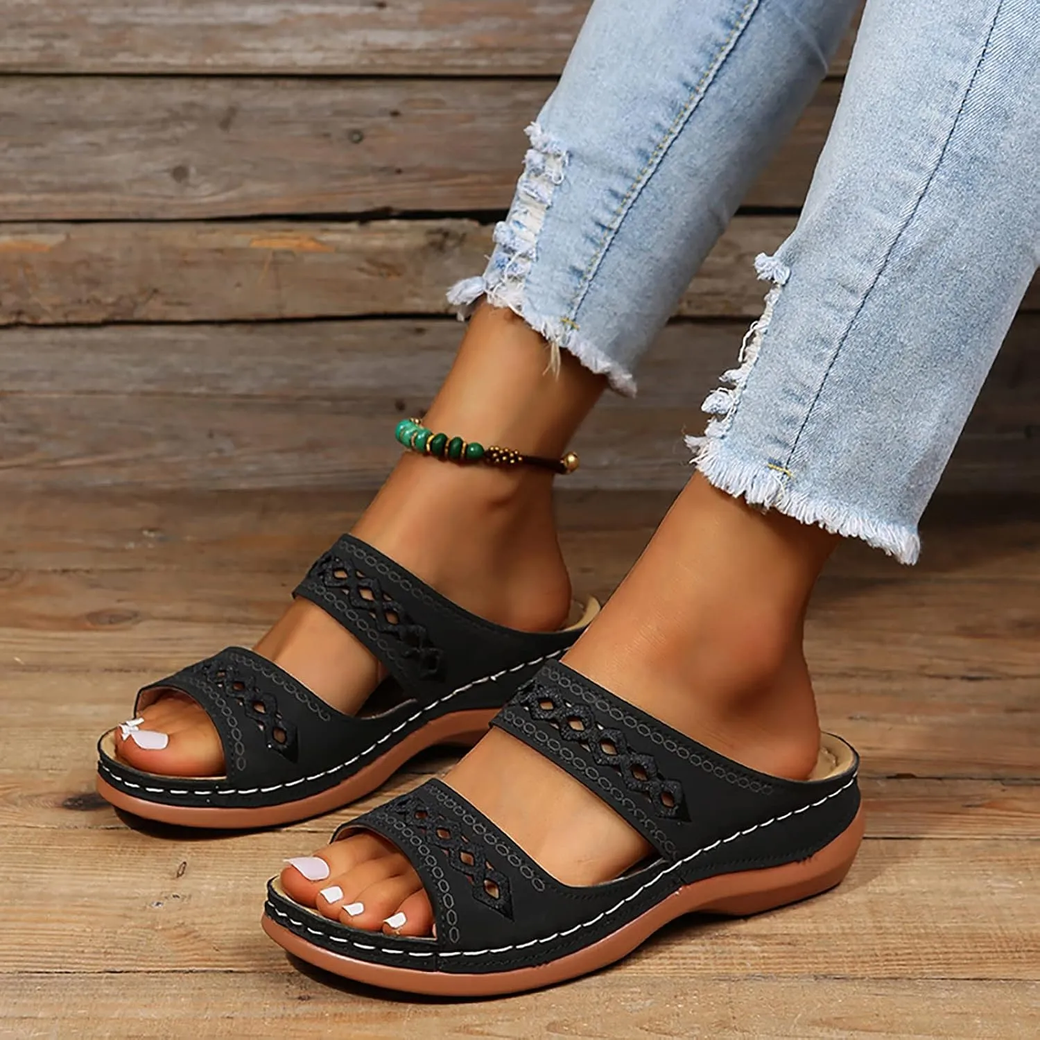 ZSpzx Orthopedic Sandals For Women,Women's Orthotic 2025 Dressy Summer Flat Open Toe Platform Sandals Hollow Out Comfortable Casual Boho Slip on Memory Foam Beach Slides Sandals Outdoor Walking Shoes