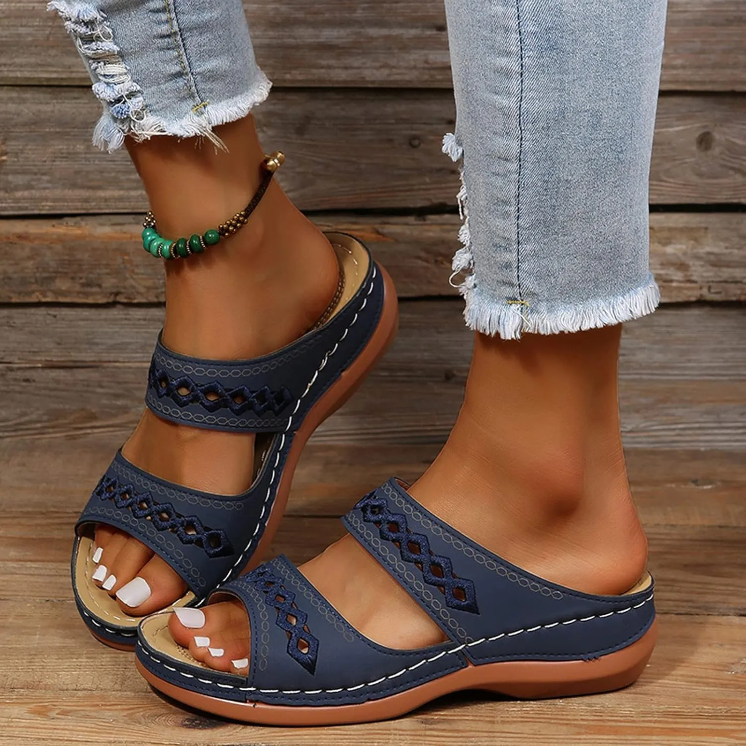 ZSpzx Orthopedic Sandals For Women,Women's Orthotic 2025 Dressy Summer Hollow Out Comfortable Wedge Sandals Flat Open Toe Platform Casual Boho Slip on Beach Slides Sandals Outdoor Walking Shoes