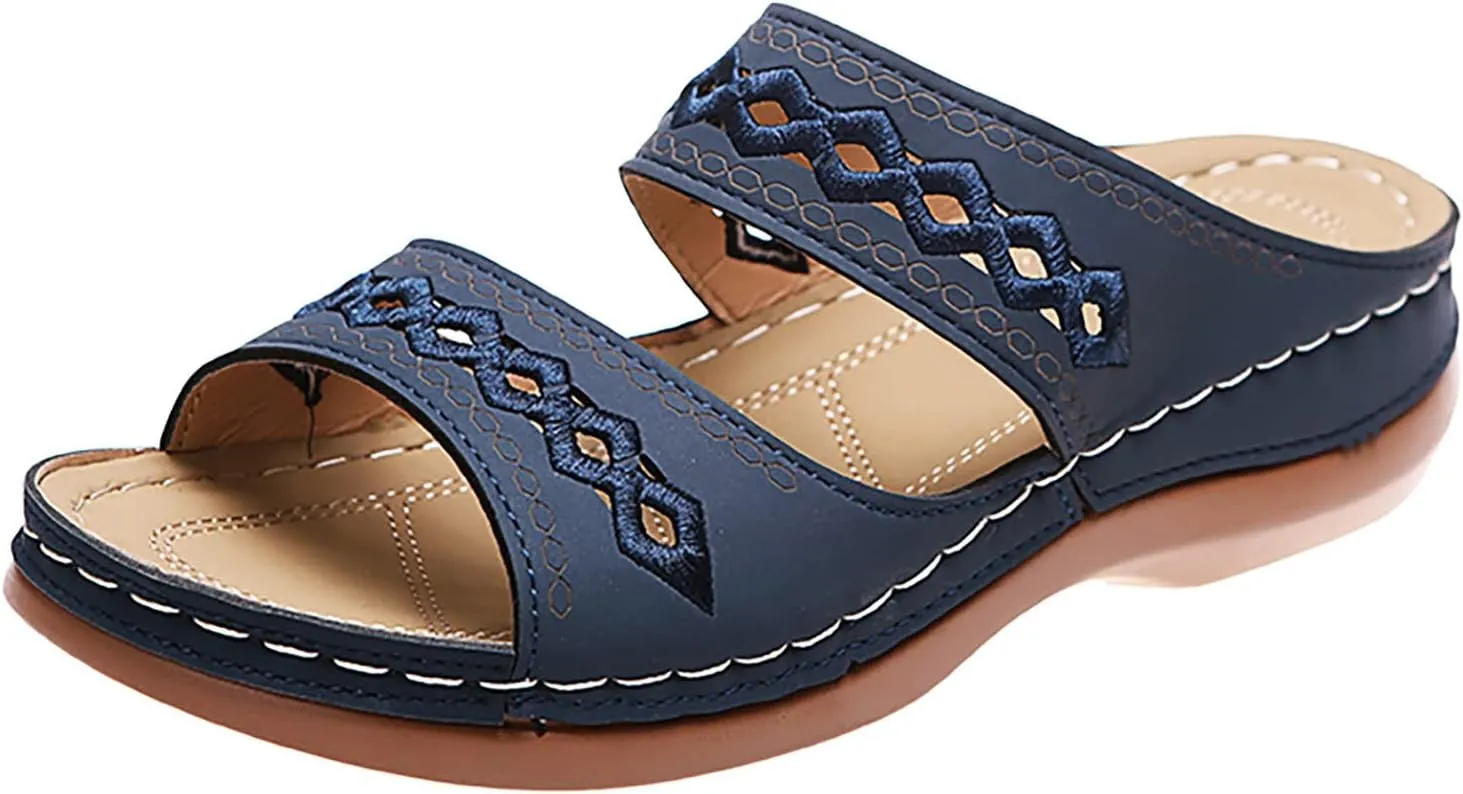 ZSpzx Orthopedic Sandals For Women,Women's Orthotic 2025 Dressy Summer Hollow Out Comfortable Wedge Sandals Flat Open Toe Platform Casual Boho Slip on Beach Slides Sandals Outdoor Walking Shoes