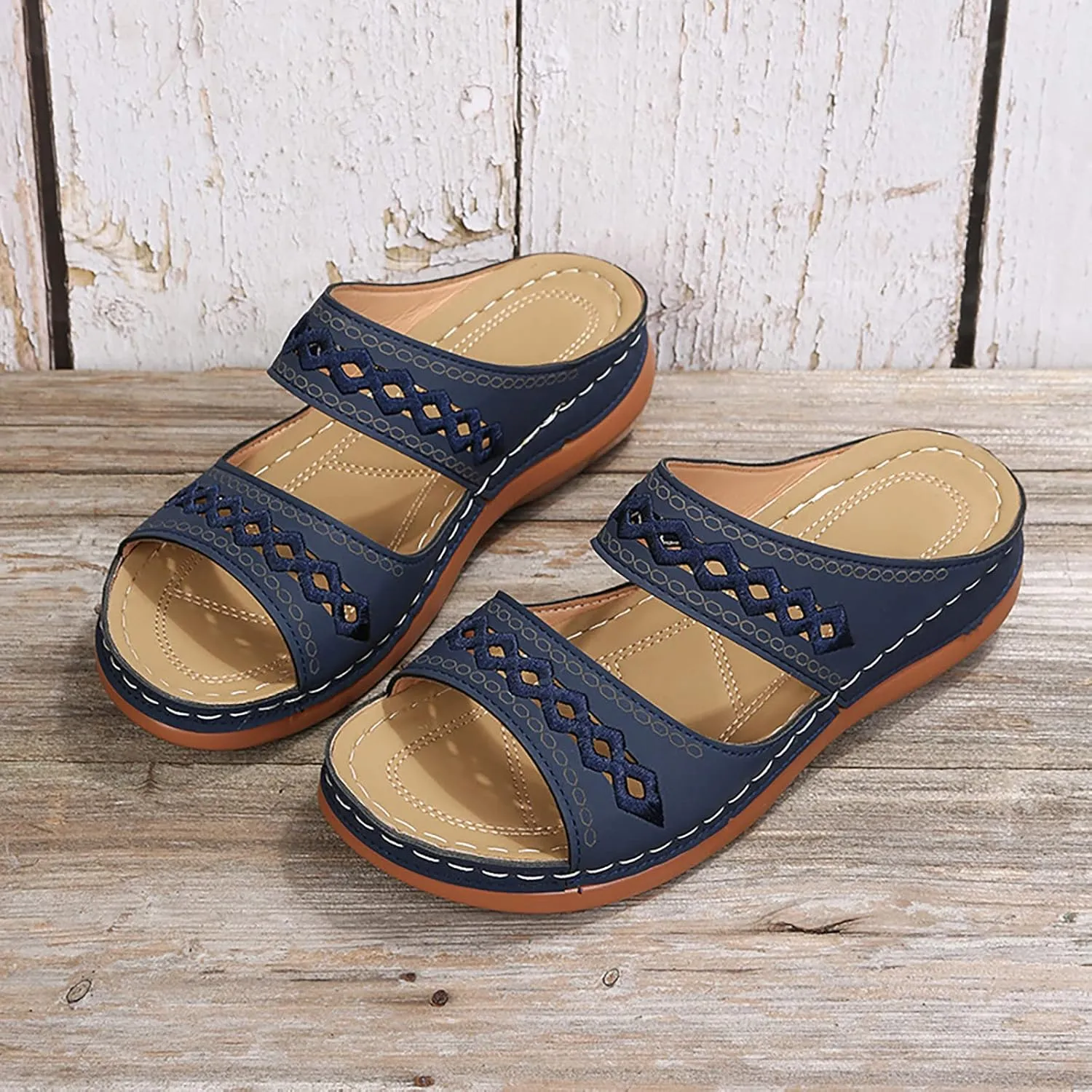 ZSpzx Orthopedic Sandals For Women,Women's Orthotic 2025 Dressy Summer Hollow Out Comfortable Wedge Sandals Flat Open Toe Platform Casual Boho Slip on Beach Slides Sandals Outdoor Walking Shoes