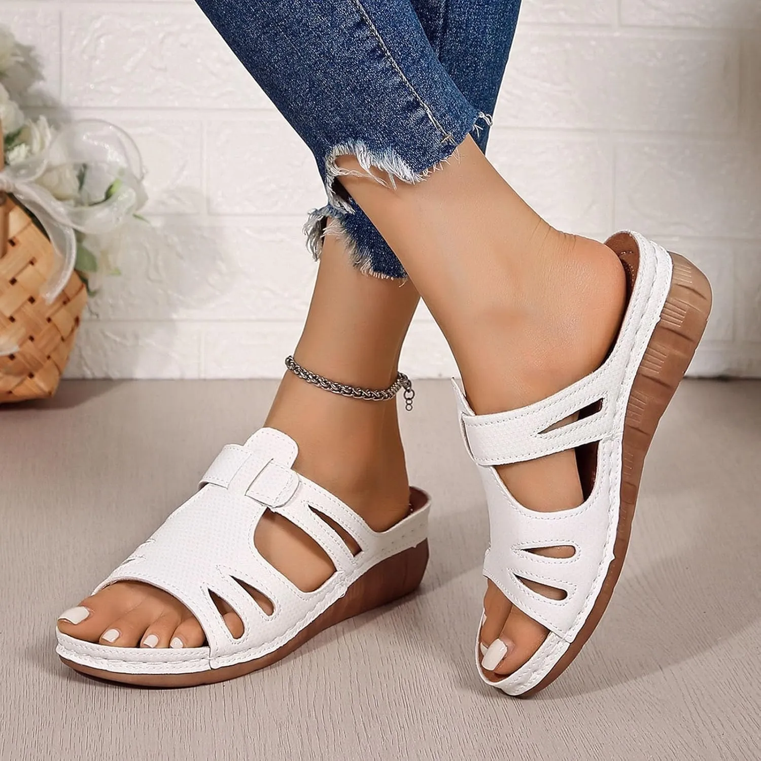 ZSpzx Women's Slide Sandals,Comfortable Open Toe Fish Mouth Thong Wedge Sandals Dressy Summer Open Toe Sandalias Slip on Plantar Fasciitis Slides Slippers Memory Foam Walking Beach Shoes