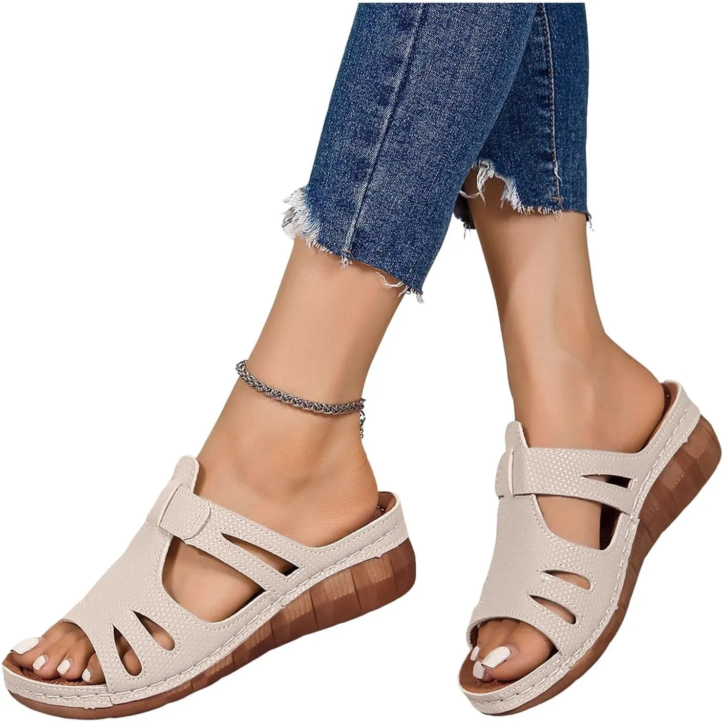 ZSpzx Women's Slide Sandals,Comfortable Open Toe Fish Mouth Thong Wedge Sandals Dressy Summer Open Toe Sandalias Slip on Plantar Fasciitis Slides Slippers Memory Foam Walking Beach Shoes