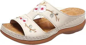 ZSpzx Women's Slide Sandals,Orthopedic Sandals for Women 2025 Slippers Embroidery Flower Comfortable Outdoor Walking Shoes Casual Boho Slip on Memory Foam Beach Plantar Fasciitis Sandals